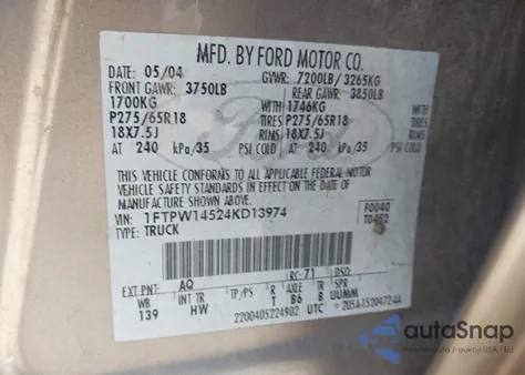 2004 Ford F-150 Fx4/Lariat/Xlt z USA, uszkodzony, nr VIN 1FTPW14524KD13974